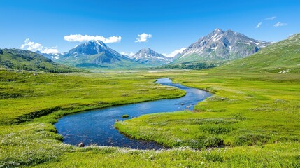 Serpentine river meandering through alpine meadow, majestic mountains backdrop, summer day, travel poster