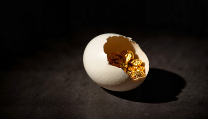 Cracked Easter egg revealing gold in dark room, hidden treasure