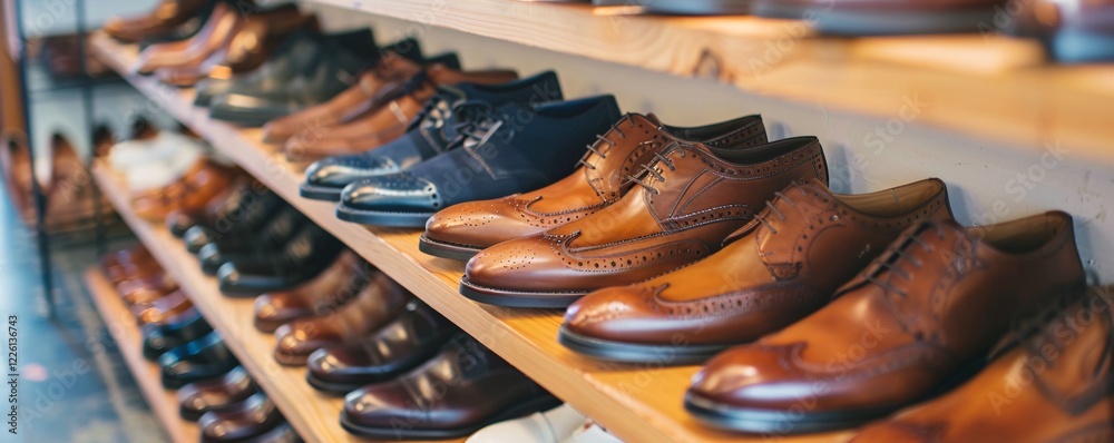 Poster Classic men's shoes neatly displayed on shelves in a shoe store, ready for customers to choose from