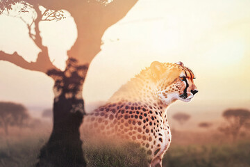 Obraz premium cheetah double exposure blending with Serengeti plains