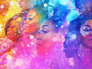 Vivid rainbow colors blending together with artistic representations of diverse women?s profiles against a dreamy abstract background filled with sparkles and light.
