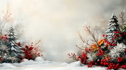 Winter wonderland scene with snowy trees, red berries, and holly. Festive holiday background for greeting cards