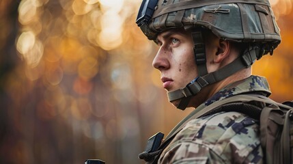 Soldier in camouflage standing watch to defend freedom in the forest