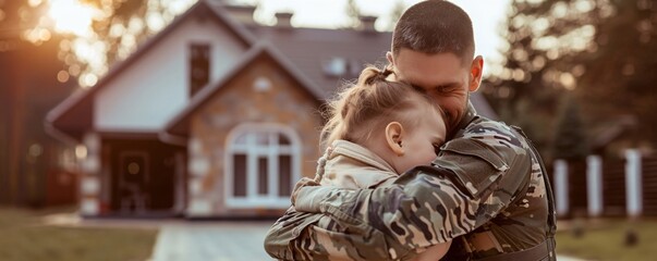 Soldier in camouflage attire is hugging his young daughter outside their home