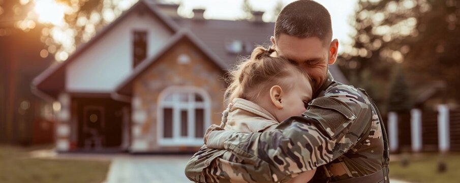 Soldier in camouflage attire is hugging his young daughter outside their home