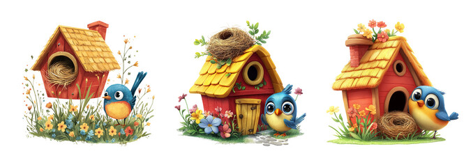Charming Birdhouses with Colorful Birds and Flowers