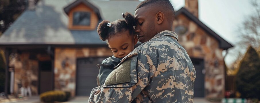Soldier in camo attire embraces his young daughter outside their home