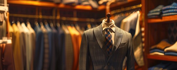 Fototapeta premium Sophisticated grey suit and tie showcased on a mannequin in a high-end boutique