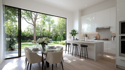 Modern kitchen & dining area with garden view