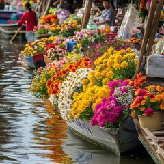 Fototapeta premium A lively scene of a floating flower market, with boats filled with vibrant flowers of various hues, floating on calm waters filled with reflection.