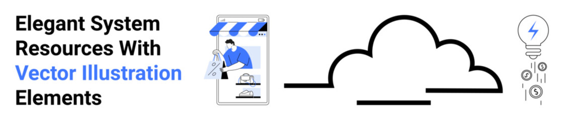 Cloud technology icon, storefront with digital devices, and lightbulb for ideas and innovation. Ideal for business, cloud computing, online shop, creativity, technology, marketing flat landing page