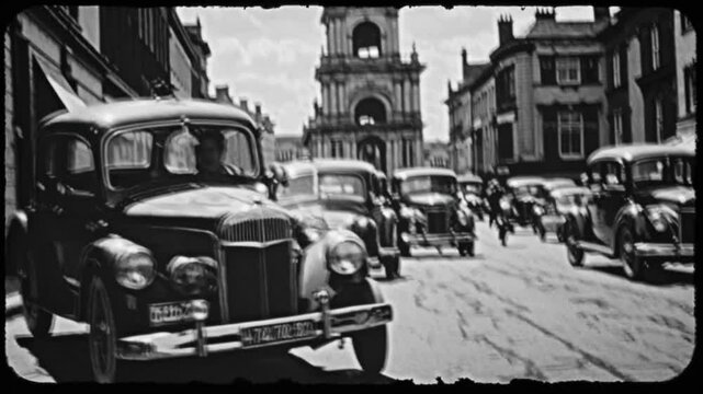 Vintage Black and White Street Scene: Classic Cars and Cityscape in the 1930s