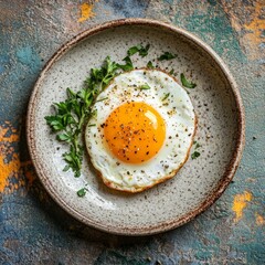 A beautifully presented, sunny-side-up egg on a textured ceramic plate garnished with fresh herbs, embodying simplicity and the art of breakfast cuisine.