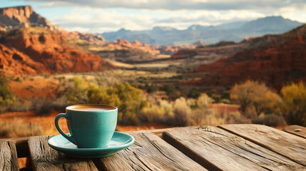 Serene morning coffee on a rustic wooden table overlooking a breathtaking desert landscape