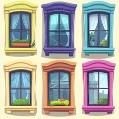 Vibrant and Creative Six Cartoon Windows for Interior Design Projects, Advertisements, and Arts Crafts illustrating Diversity and Uniqueness