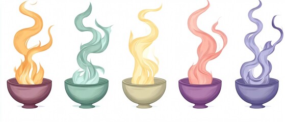 Vibrant Colorful Flames and Smoke Swirls Rising from Bowls: Creative Usage for Design Projects
