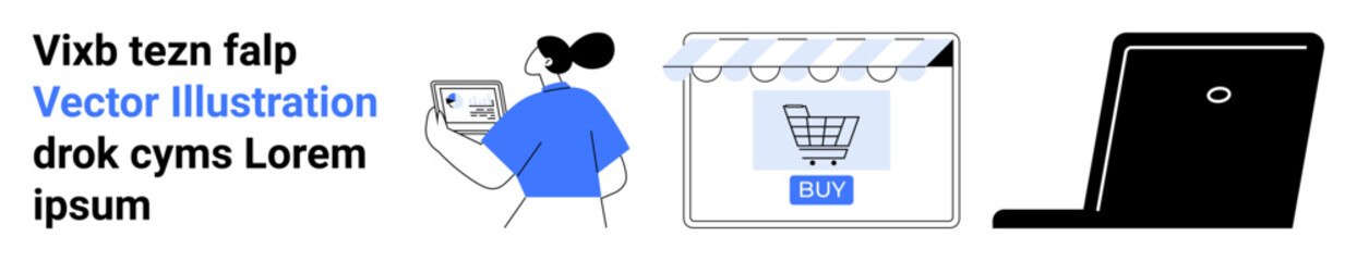 Woman holding tablet, online storefront with cart icon, and laptop screen. Ideal for e-commerce, technology, digital marketing, retail, online learning, modern business flat landing page banner