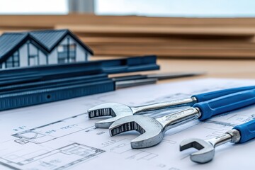 Tools and Architectural Plans for Construction Projects with Model House, Ideal for Real Estate, Construction, and Design Related Stock Photography Needs