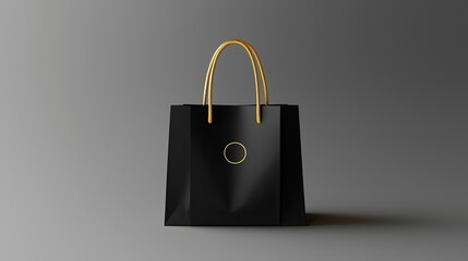 Elegant black shopping bag gold handles studio shot gray background mockup design