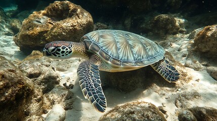 Obraz premium Majestic Green Sea Turtle Gracefully Navigating a Coral Reef