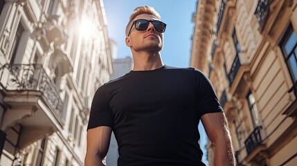 Stylish man, city street, summer sun, urban background, fashion