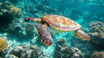 Majestic Sea Turtle Gracefully Navigating a Vibrant Coral Reef