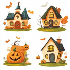 Vibrant Halloween Houses with Pumpkins - Festive and Cheerful Decorations for Seasonal Celebrations