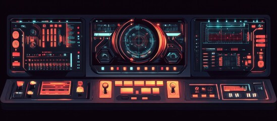 Futuristic control panel with glowing screens and buttons.