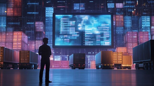 Futuristic shipping yard with data interface and transport trucks for logistics management