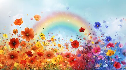 Vibrant Flowers Under a Colorful Rainbow Sky