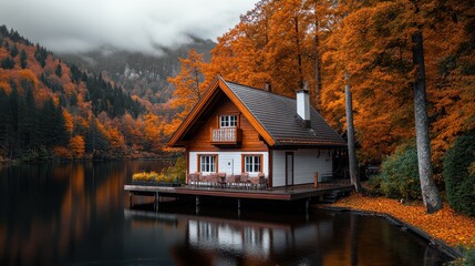 Fototapeta premium Serene Autumn Landscape Featuring Charming Wooden Cottage Surrounded by Vibrant Orange and Yellow Foliage with Still Reflections on Calm Lake Surface