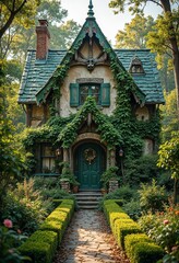 Fototapeta premium Quaint storybook home with ivy and green roof, serene garden setting