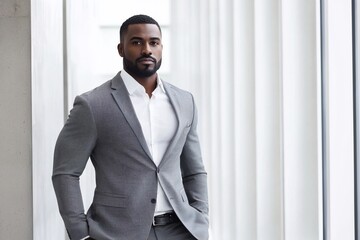 Confident businessman in a tailored suit stands by large windows in a modern office setting