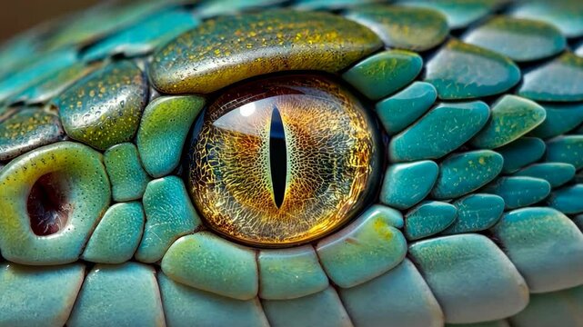 closeup of a green snake eye with yellow eye