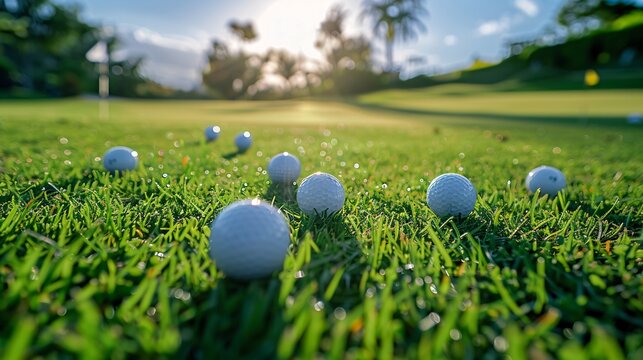 Group of white golf balls are resting on a putting green under the sun