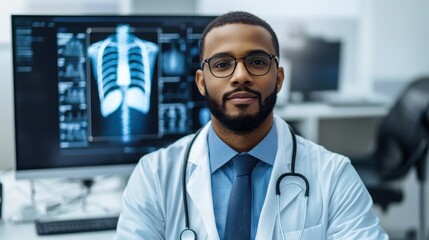 Healthcare Technology Telemedicine Accessibility concept. Doctor Analyzing Digital Health Metrics and Medical Imaging on Computer Screen