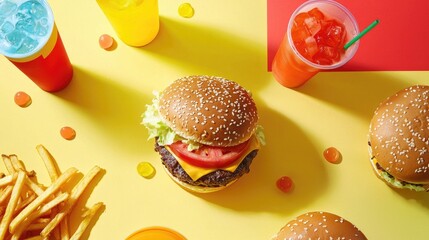 Colorful fast food burgers, fries, and drinks on a vibrant yellow and red background