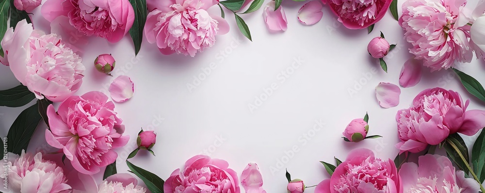 Poster Fresh peonies arranged in a frame on a white background with space for text in the center