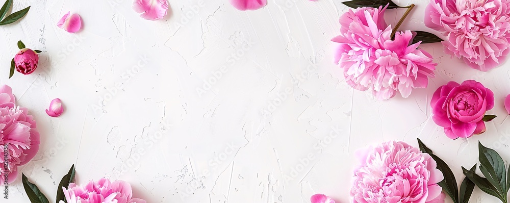 Poster Pink peonies creating a frame on a white textured background with copy space in the center