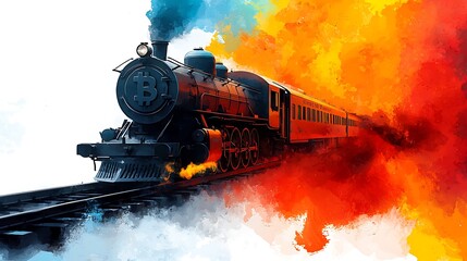 Vintage Train with Colorful Smoke and Bitcoin Symbol