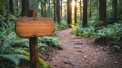 Blank wooden signpost on forest trail at sunset.