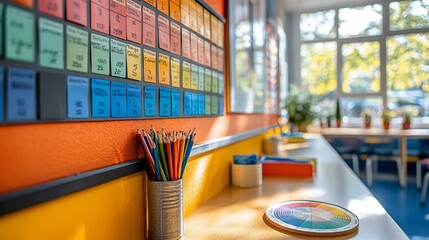 Bright classroom with colorful learning resources.