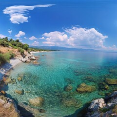 Fototapeta premium A serene beach with a vast sky above, dotted with fluffy clouds.