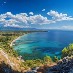 Obraz premium A serene beach with a vast sky above, dotted with fluffy clouds.