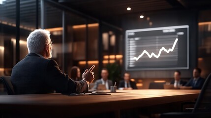 Business meeting discusses rising market trends in a modern office setting during the late afternoon