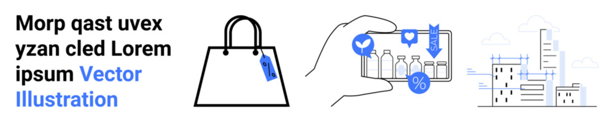 Shopping bag with tag, hand holding a smartphone displaying product options, city skyline with buildings. Ideal for retail, online shopping, urbanization, delivery, technology, marketing flat