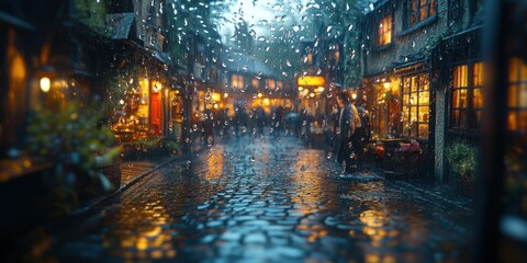 Obraz premium Rainy Night in a Cobblestone Street: A captivating view of a quaint European street, drenched in the romantic glow of rain-lit lamps. The cozy shops and the quiet atmosphere create a magical ambiance.