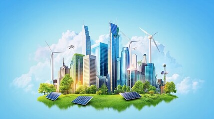 Sustainable Cityscape with Wind Turbines and Solar Panels against a Blue Sky