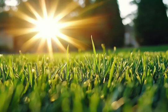 Vibrant green grass swaying in the wind, with golden light illuminating the blades - Powered by Adobe