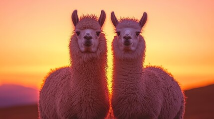 Two llamas on a hilltop at sunset, their fur glowing in the warm light.